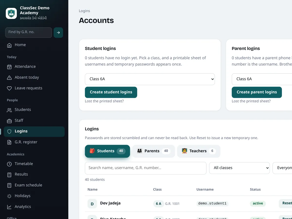 Accounts page: passwords are stored scrambled and can only be reset, never read