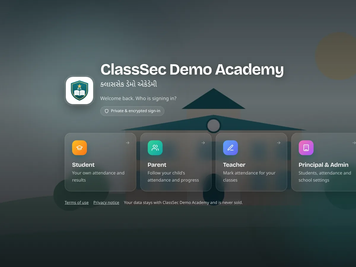 Sign-in page with separate portals for student, parent, teacher and principal