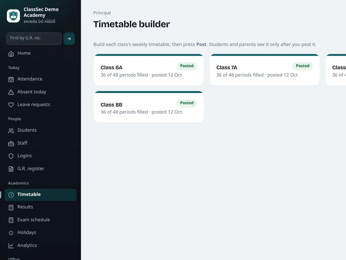 Timetable builder with posted timetables for each class